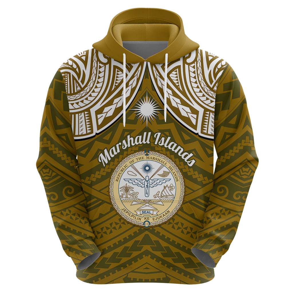 Personalised Marshall Islands Hoodie Gold Polynesian Tribal Mix Coat Of Arms - Wonder Print Shop