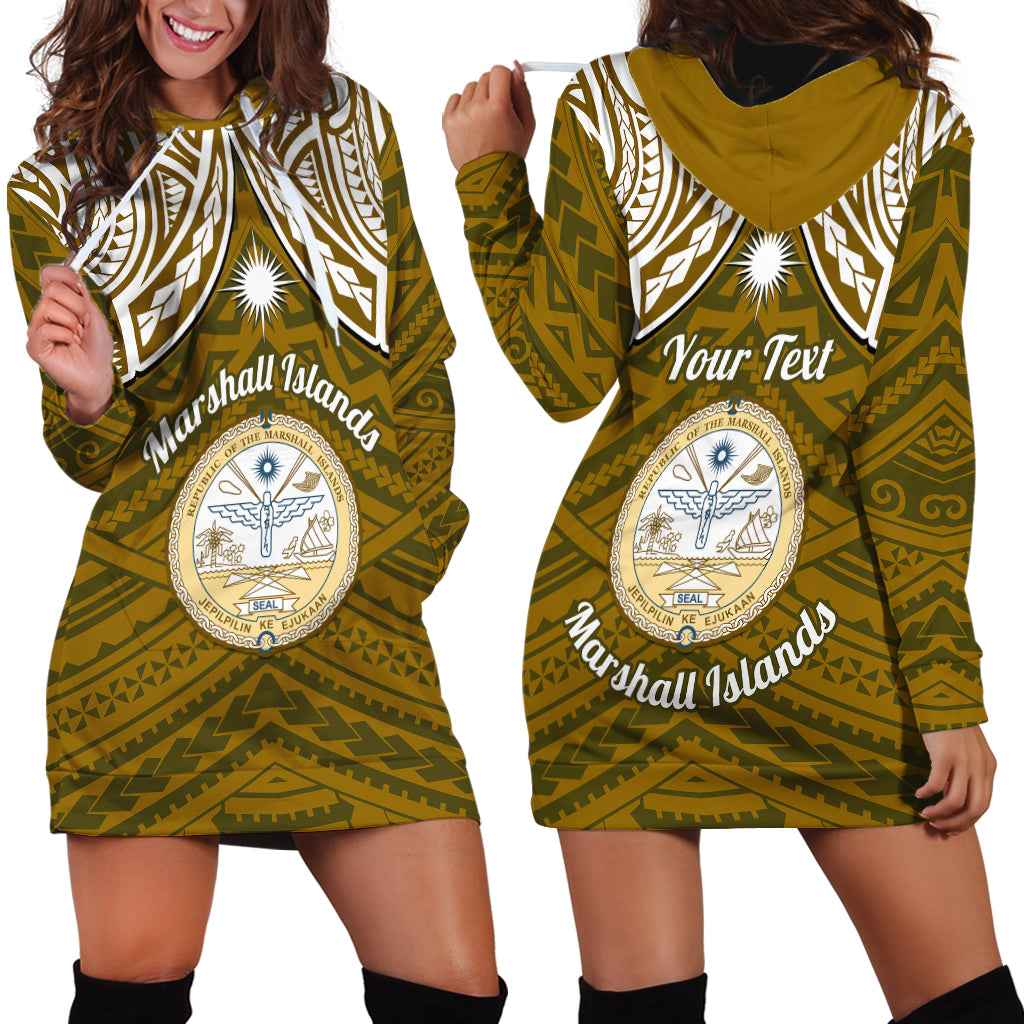 Personalised Marshall Islands Hoodie Dress Gold Polynesian Tribal Mix Coat Of Arms - Wonder Print Shop
