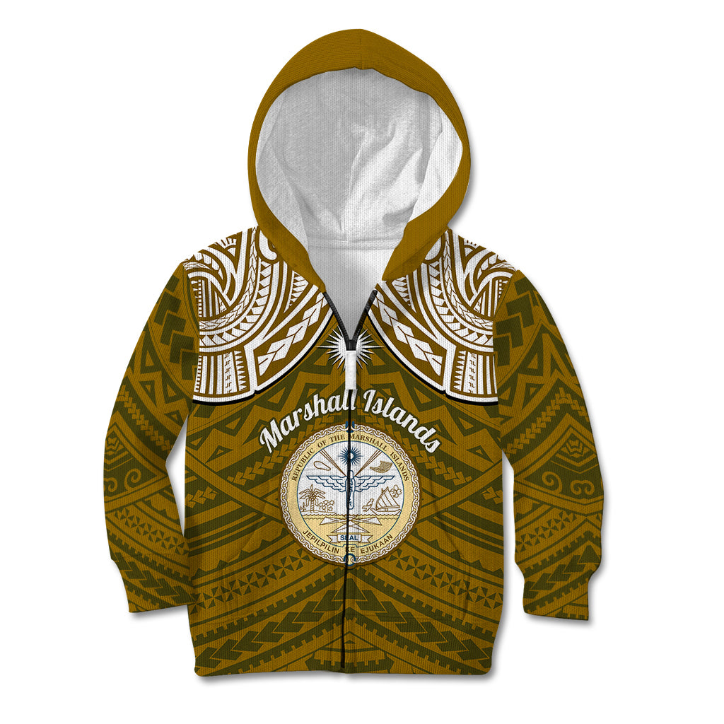 Personalised Marshall Islands Kid Hoodie Gold Polynesian Tribal Mix Coat Of Arms - Wonder Print Shop
