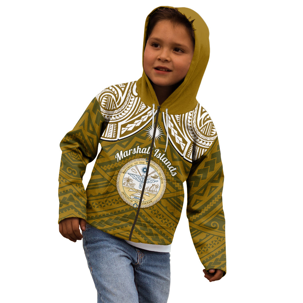 Personalised Marshall Islands Kid Hoodie Gold Polynesian Tribal Mix Coat Of Arms - Wonder Print Shop