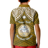Personalised Marshall Islands Kid Polo Shirt Gold Polynesian Tribal Mix Coat Of Arms - Wonder Print Shop