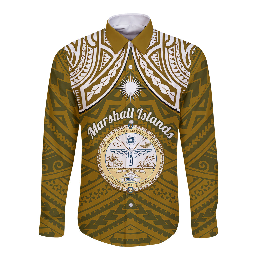 Personalised Marshall Islands Long Sleeve Button Shirt Gold Polynesian Tribal Mix Coat Of Arms - Wonder Print Shop