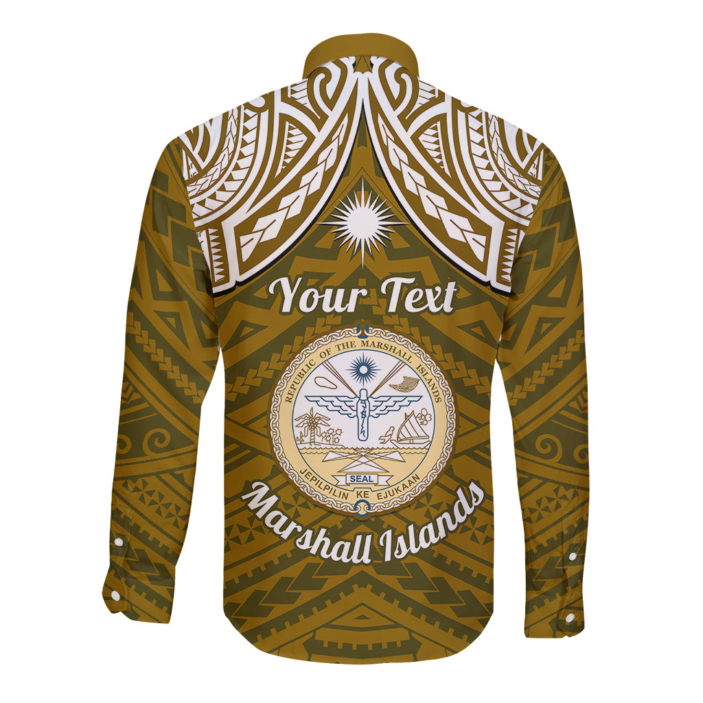 Personalised Marshall Islands Long Sleeve Button Shirt Gold Polynesian Tribal Mix Coat Of Arms - Wonder Print Shop