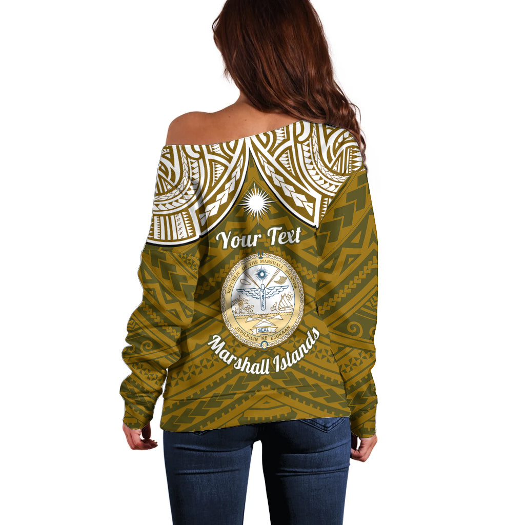 Personalised Marshall Islands Off Shoulder Sweater Gold Polynesian Tribal Mix Coat Of Arms - Wonder Print Shop