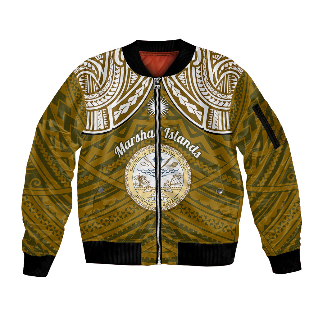 Personalised Marshall Islands Sleeve Zip Bomber Jacket Gold Polynesian Tribal Mix Coat Of Arms - Wonder Print Shop