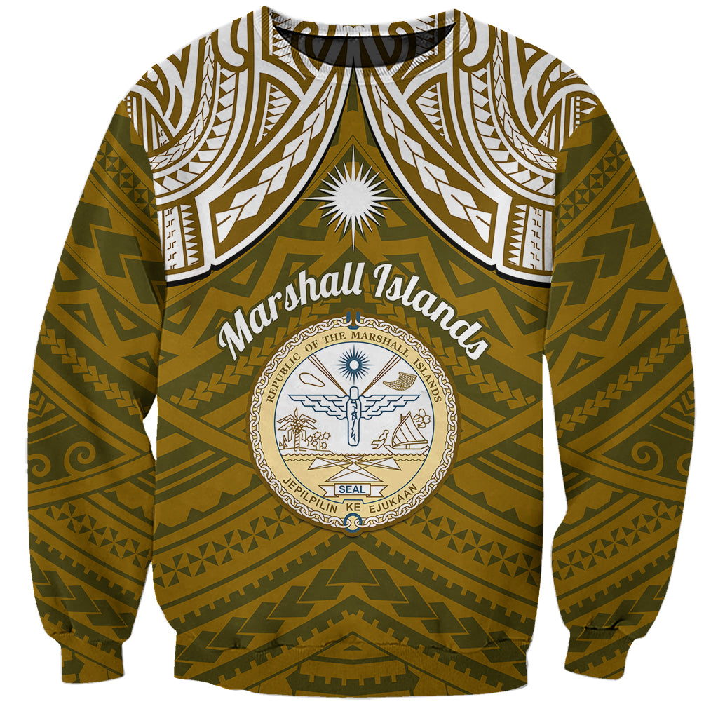 Personalised Marshall Islands Sweatshirt Gold Polynesian Tribal Mix Coat Of Arms - Wonder Print Shop