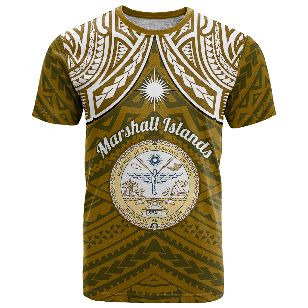 Personalised Marshall Islands T Shirt Gold Polynesian Tribal Mix Coat Of Arms - Wonder Print Shop