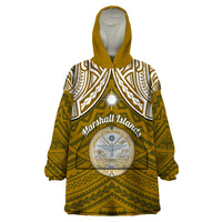 Personalised Marshall Islands Wearable Blanket Hoodie Gold Polynesian Tribal Mix Coat Of Arms - Wonder Print Shop