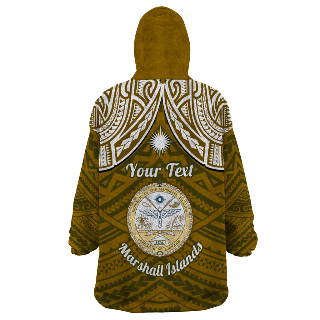 Personalised Marshall Islands Wearable Blanket Hoodie Gold Polynesian Tribal Mix Coat Of Arms - Wonder Print Shop