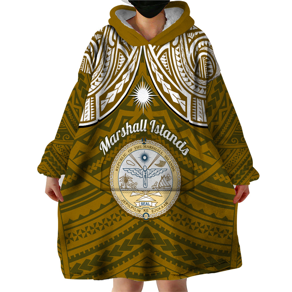 Personalised Marshall Islands Wearable Blanket Hoodie Gold Polynesian Tribal Mix Coat Of Arms - Wonder Print Shop