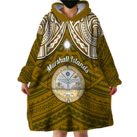 Personalised Marshall Islands Wearable Blanket Hoodie Gold Polynesian Tribal Mix Coat Of Arms - Wonder Print Shop