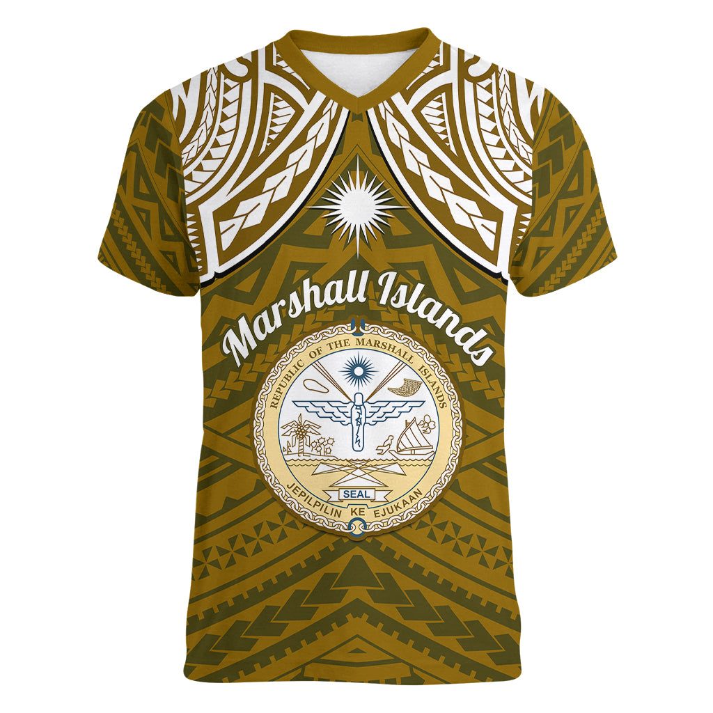 personalised-marshall-islands-women-v-neck-t-shirt-gold-polynesian-tribal-mix-coat-of-arms