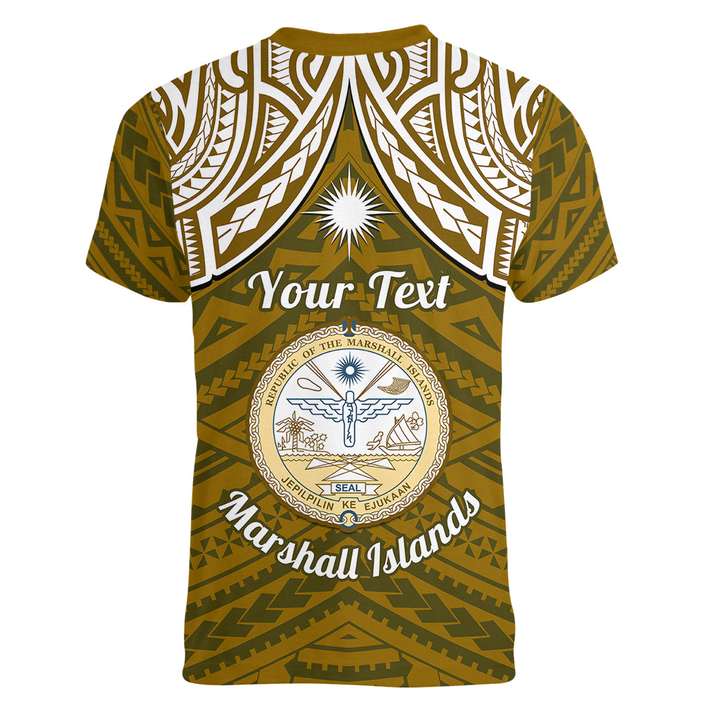 Personalised Marshall Islands Women V Neck T Shirt Gold Polynesian Tribal Mix Coat Of Arms - Wonder Print Shop