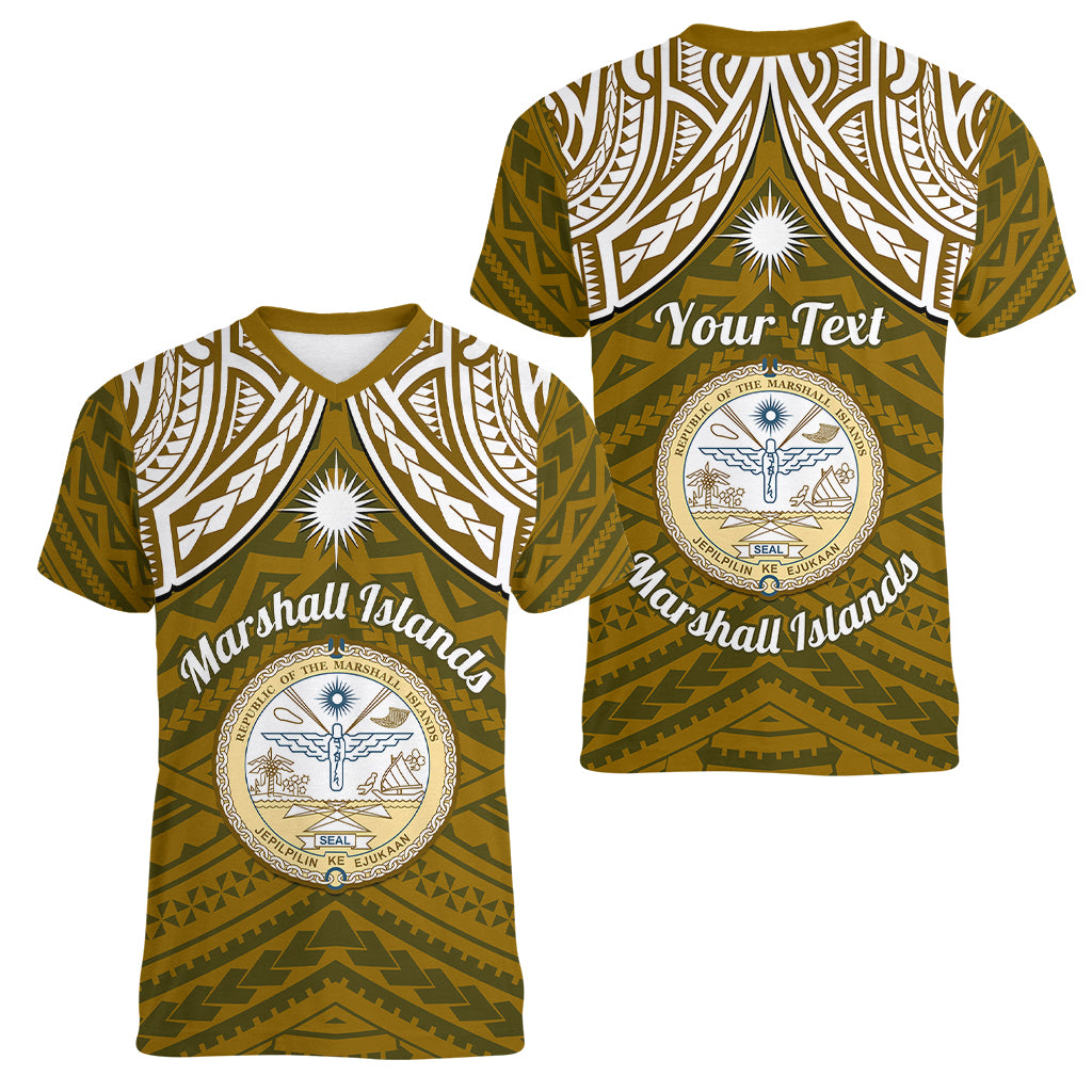 Personalised Marshall Islands Women V Neck T Shirt Gold Polynesian Tribal Mix Coat Of Arms - Wonder Print Shop