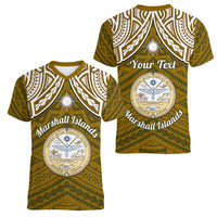 Personalised Marshall Islands Women V Neck T Shirt Gold Polynesian Tribal Mix Coat Of Arms - Wonder Print Shop