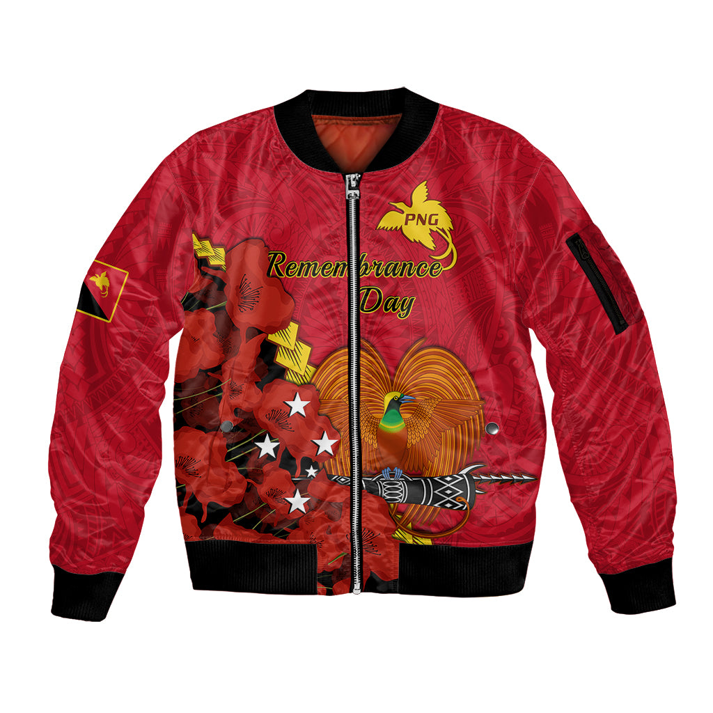 Personalised Remembrance Day PNG Sleeve Zip Bomber Jacket Papua New Guinea We Will Remember Them - Wonder Print Shop
