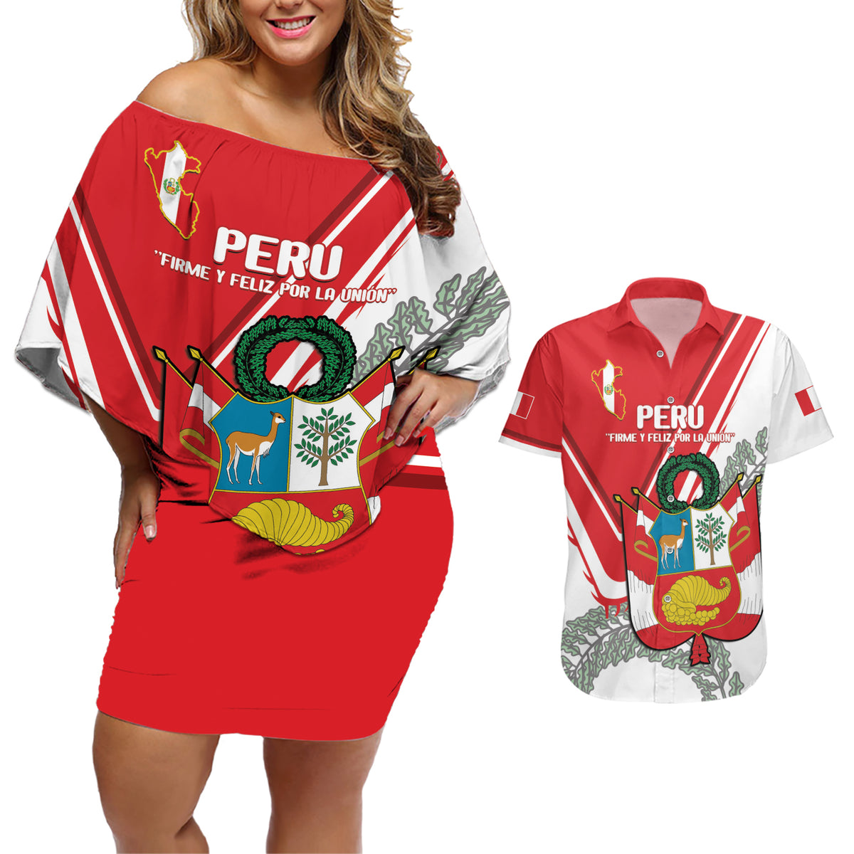 Peru Independence Day Couples Matching Off Shoulder Short Dress and Hawaiian Shirt Peruvian Coat Of Arms Feliz 28 de Julio - Wonder Print Shop