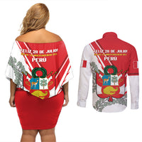Peru Independence Day Couples Matching Off Shoulder Short Dress and Long Sleeve Button Shirt Peruvian Coat Of Arms Feliz 28 de Julio - Wonder Print Shop