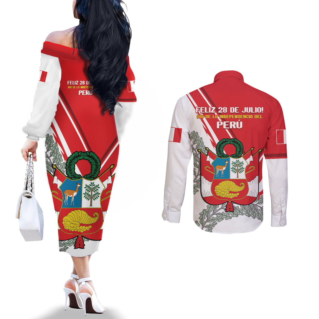 Peru Independence Day Couples Matching Off The Shoulder Long Sleeve Dress and Long Sleeve Button Shirt Peruvian Coat Of Arms Feliz 28 de Julio