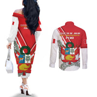 Peru Independence Day Couples Matching Off The Shoulder Long Sleeve Dress and Long Sleeve Button Shirt Peruvian Coat Of Arms Feliz 28 de Julio