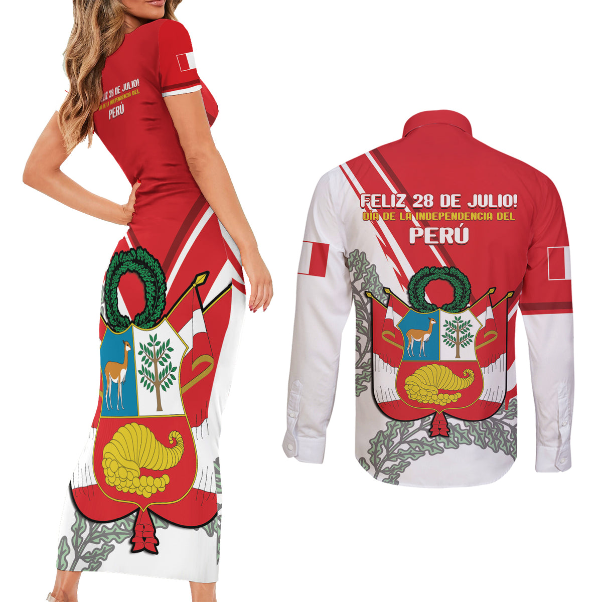 Peru Independence Day Couples Matching Short Sleeve Bodycon Dress and Long Sleeve Button Shirt Peruvian Coat Of Arms Feliz 28 de Julio - Wonder Print Shop