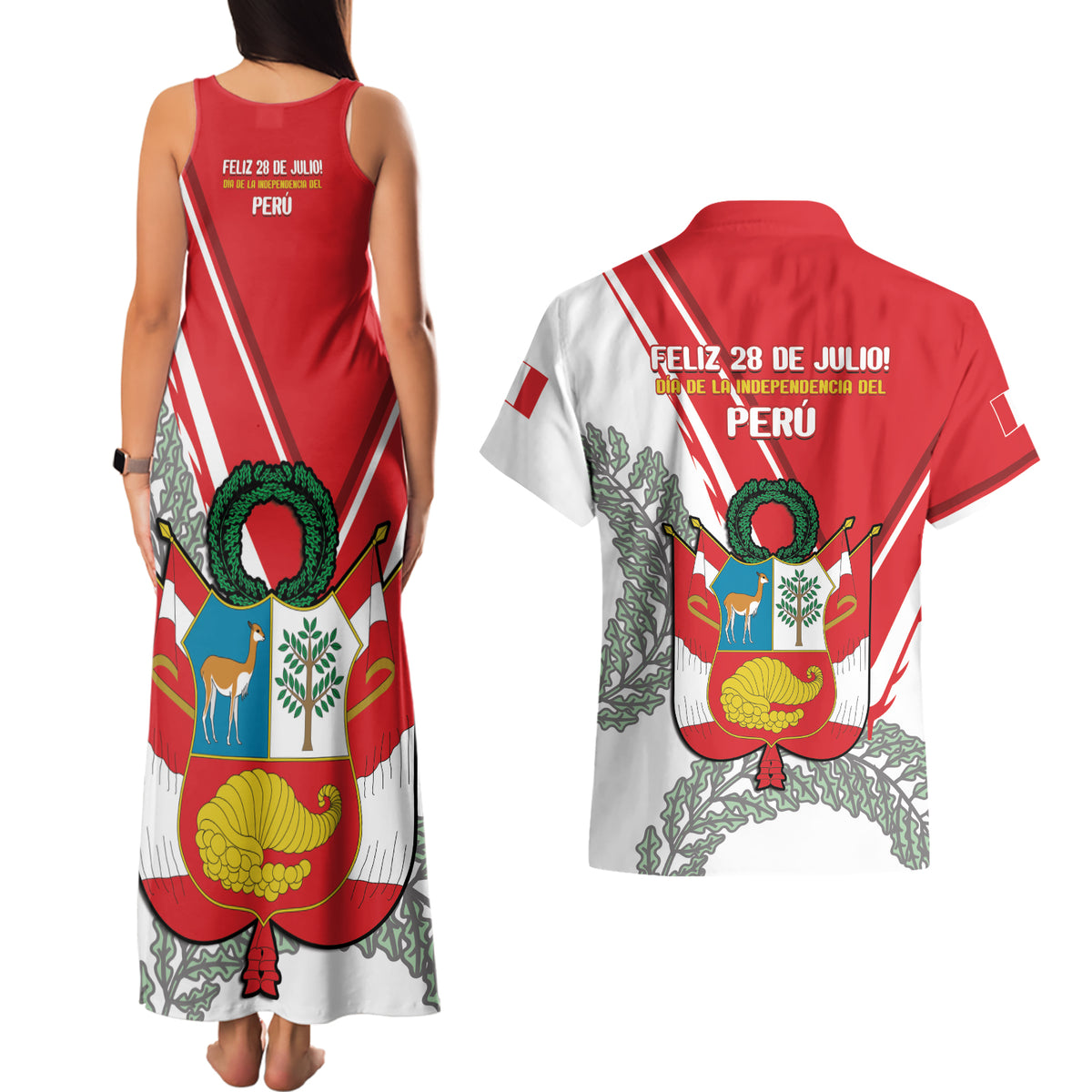 Peru Independence Day Couples Matching Tank Maxi Dress and Hawaiian Shirt Peruvian Coat Of Arms Feliz 28 de Julio - Wonder Print Shop