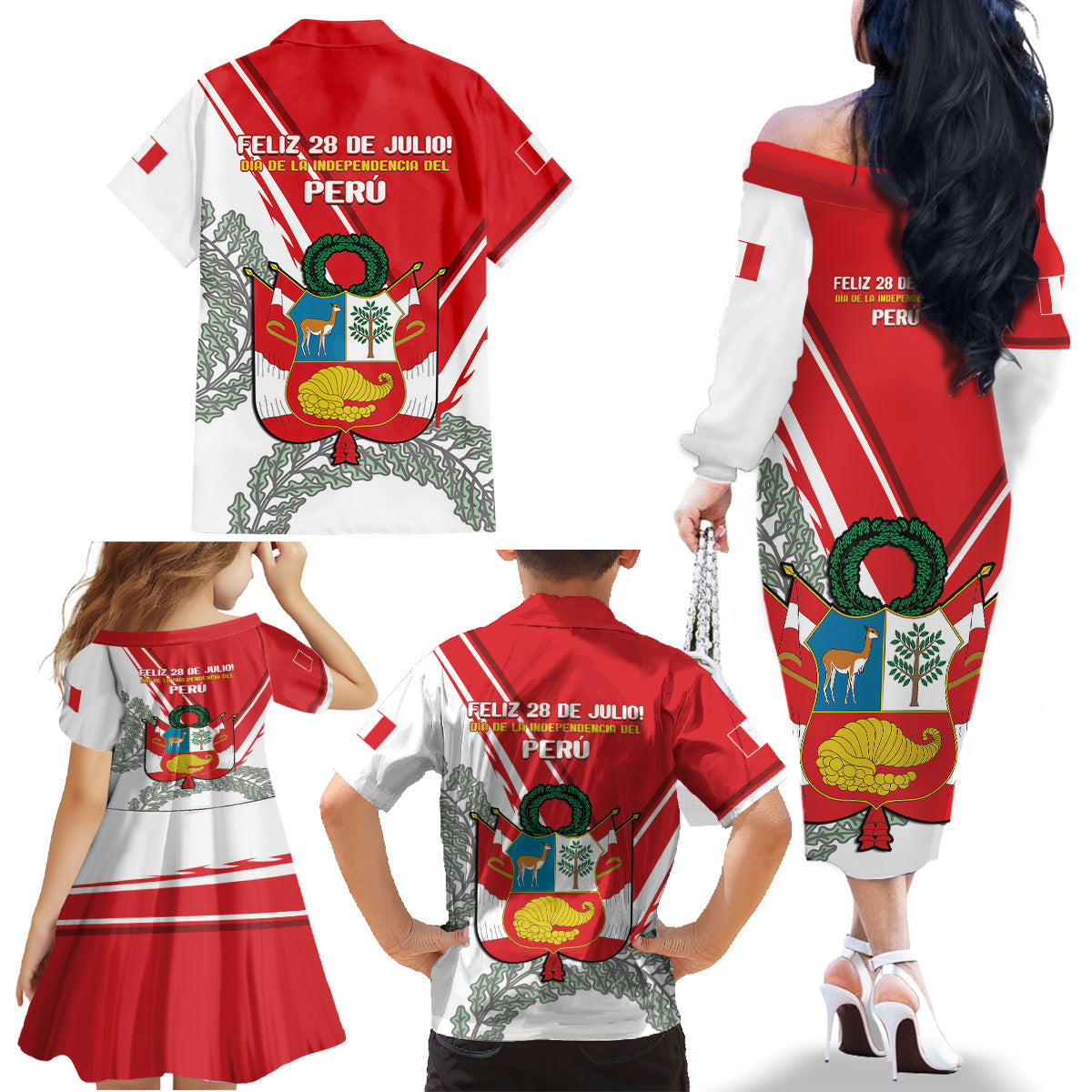 Peru Independence Day Family Matching Off The Shoulder Long Sleeve Dress and Hawaiian Shirt Peruvian Coat Of Arms Feliz 28 de Julio - Wonder Print Shop