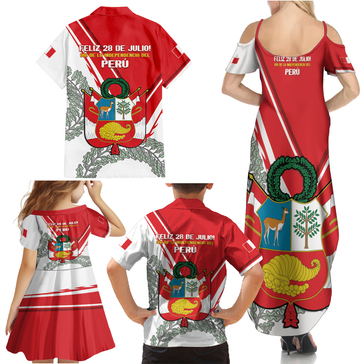 Peru Independence Day Family Matching Summer Maxi Dress and Hawaiian Shirt Peruvian Coat Of Arms Feliz 28 de Julio - Wonder Print Shop
