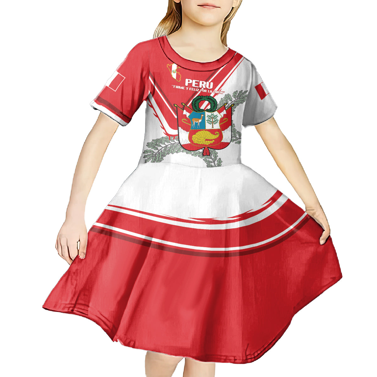 Peru Independence Day Kid Short Sleeve Dress Peruvian Coat Of Arms Feliz 28 de Julio - Wonder Print Shop