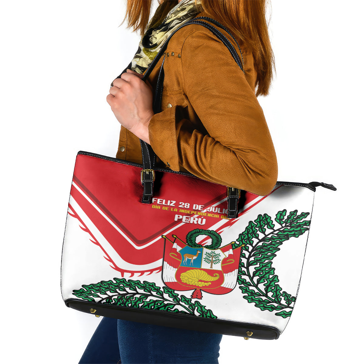 Peru Independence Day Leather Tote Bag Peruvian Coat Of Arms Feliz 28 de Julio