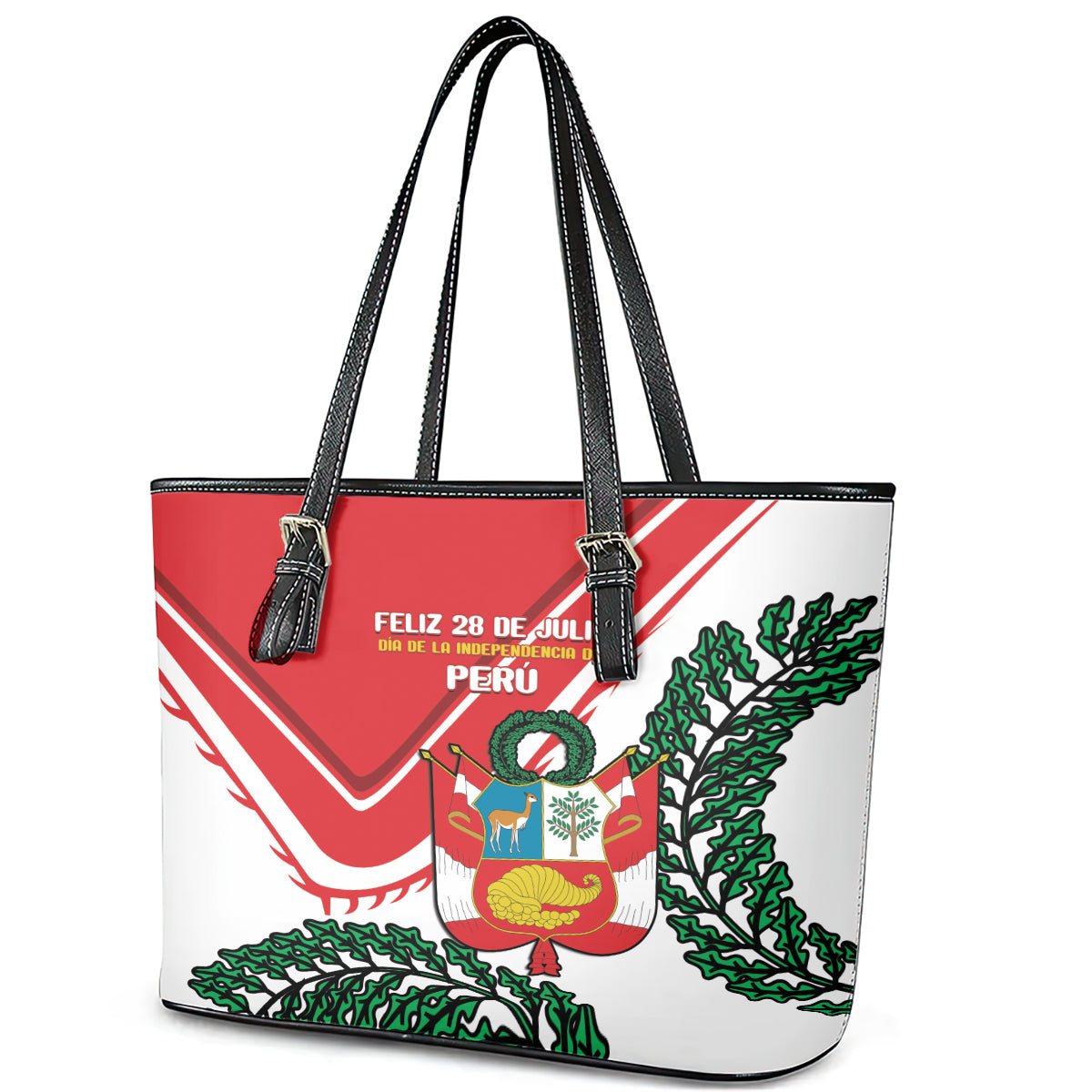 Peru Independence Day Leather Tote Bag Peruvian Coat Of Arms Feliz 28 de Julio - Wonder Print Shop