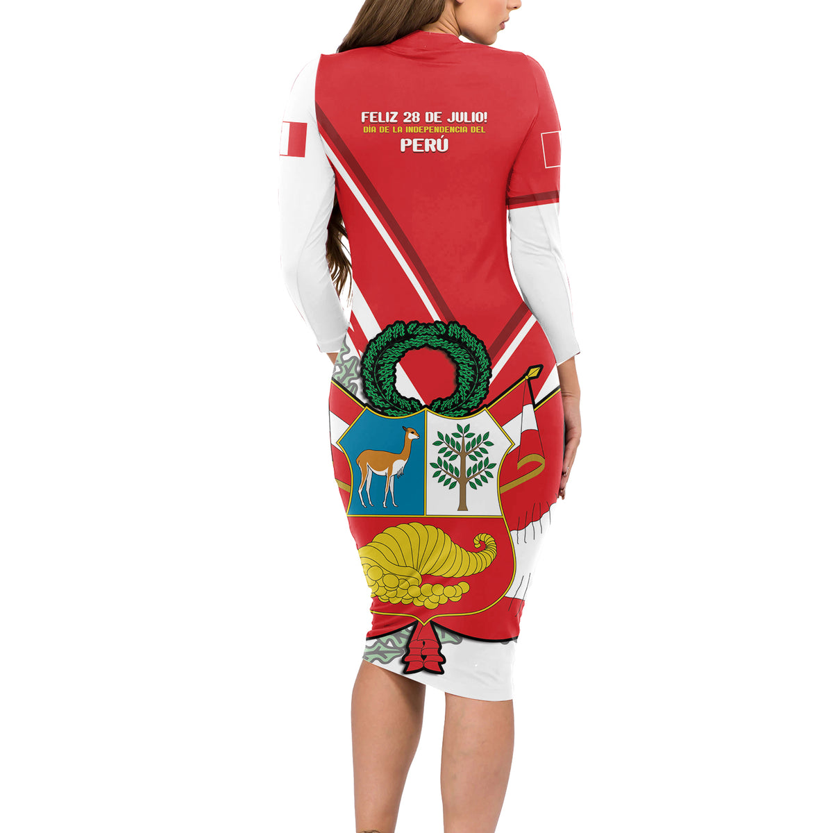 Peru Independence Day Long Sleeve Bodycon Dress Peruvian Coat Of Arms Feliz 28 de Julio - Wonder Print Shop