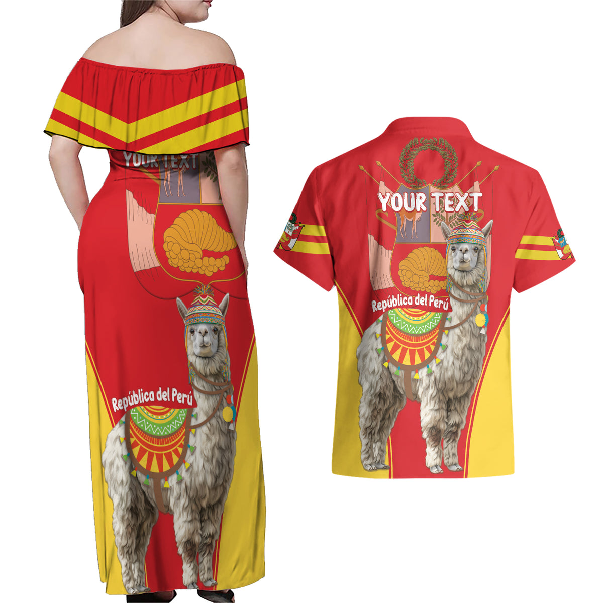 Personalised Peru Independence Day Couples Matching Off Shoulder Maxi Dress and Hawaiian Shirt Peruvian Alpaca Feliz 28 de Julio - Wonder Print Shop