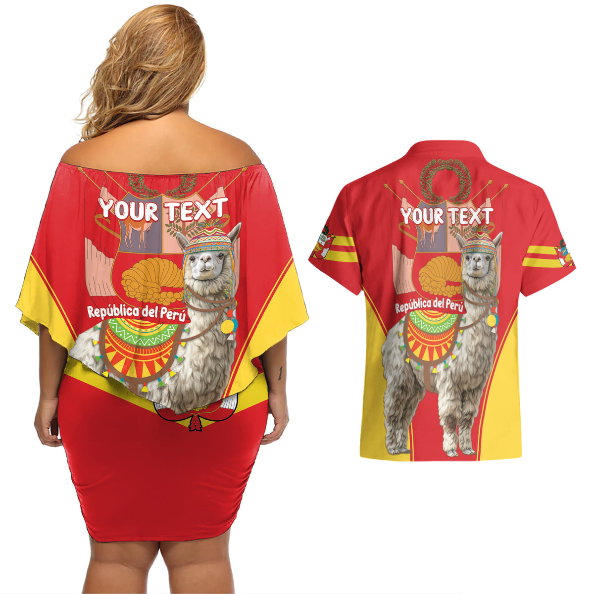 Personalised Peru Independence Day Couples Matching Off Shoulder Short Dress and Hawaiian Shirt Peruvian Alpaca Feliz 28 de Julio - Wonder Print Shop