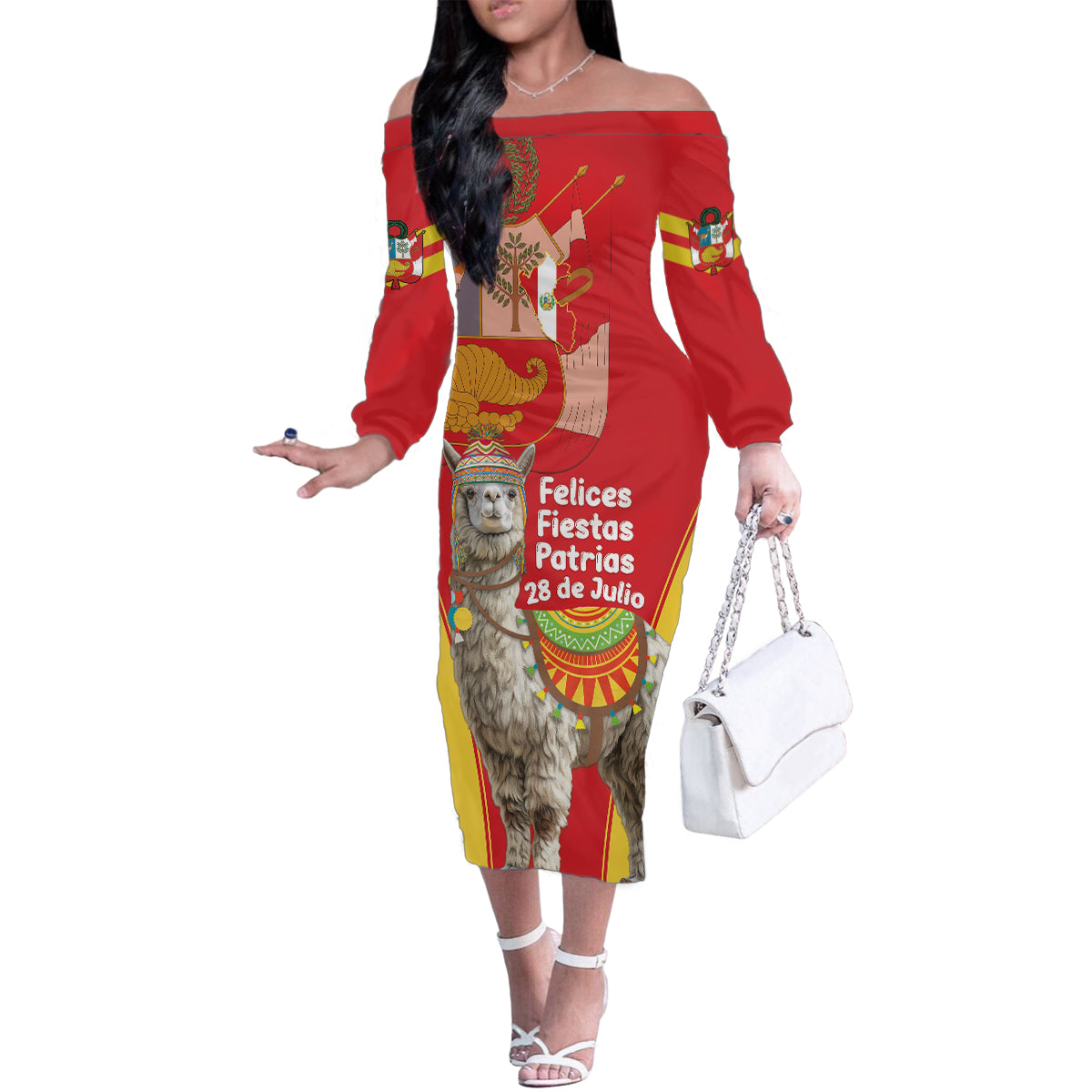 Personalised Peru Independence Day Family Matching Off The Shoulder Long Sleeve Dress and Hawaiian Shirt Peruvian Alpaca Feliz 28 de Julio - Wonder Print Shop