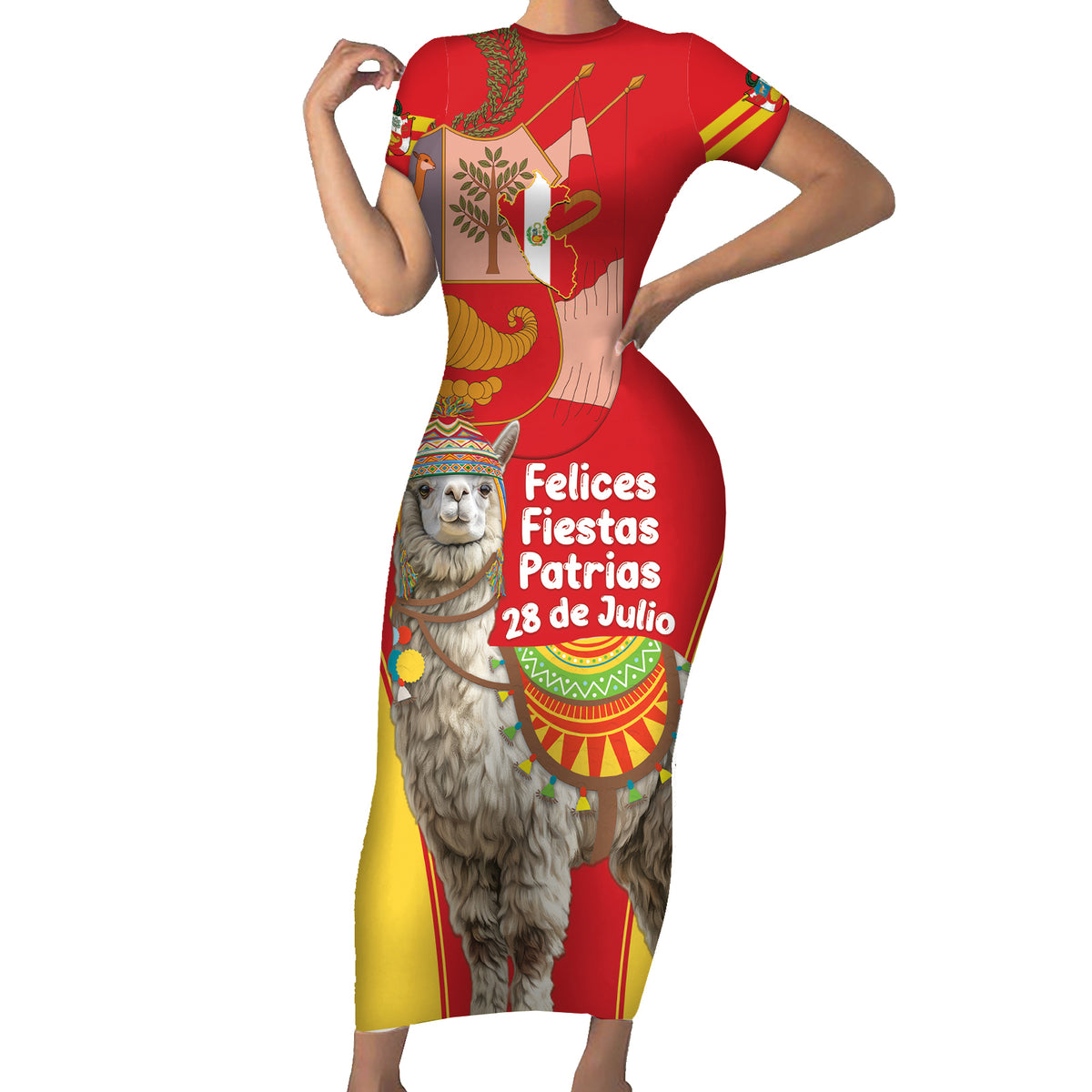 Personalised Peru Independence Day Family Matching Short Sleeve Bodycon Dress and Hawaiian Shirt Peruvian Alpaca Feliz 28 de Julio - Wonder Print Shop