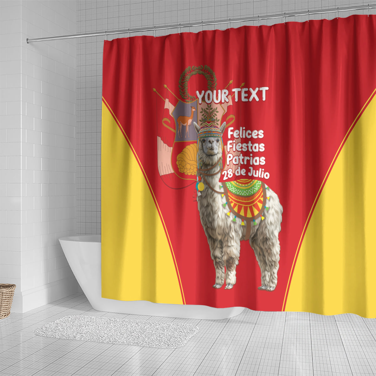 Personalised Peru Independence Day Shower Curtain Peruvian Alpaca Feliz 28 de Julio