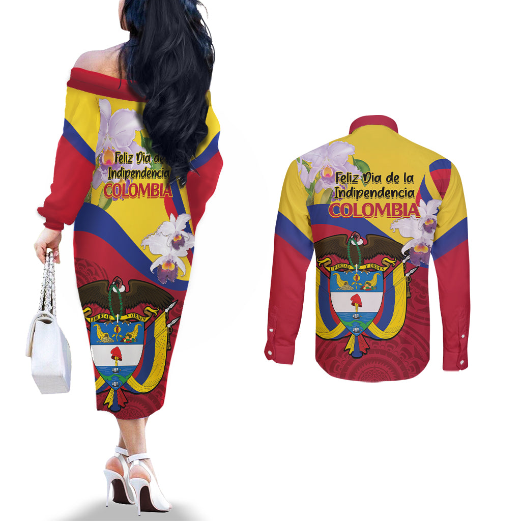 Colombia Independence Day Couples Matching Off The Shoulder Long Sleeve Dress and Long Sleeve Button Shirt Feliz Dia de la Independencia