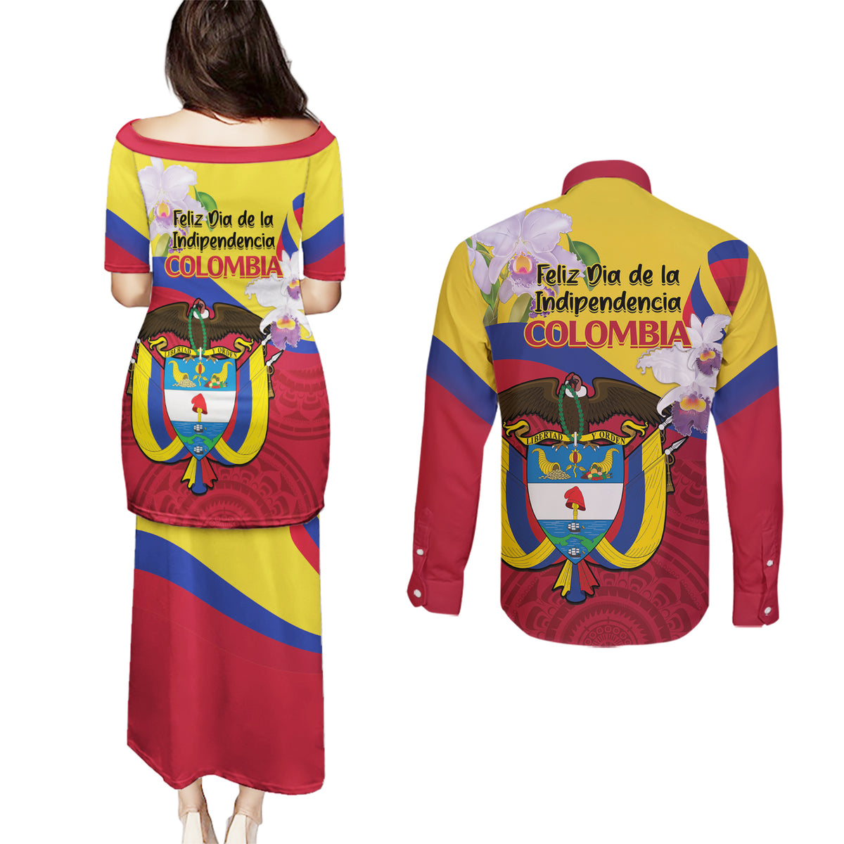Colombia Independence Day Couples Matching Puletasi and Long Sleeve Button Shirt Feliz Dia de la Independencia - Wonder Print Shop