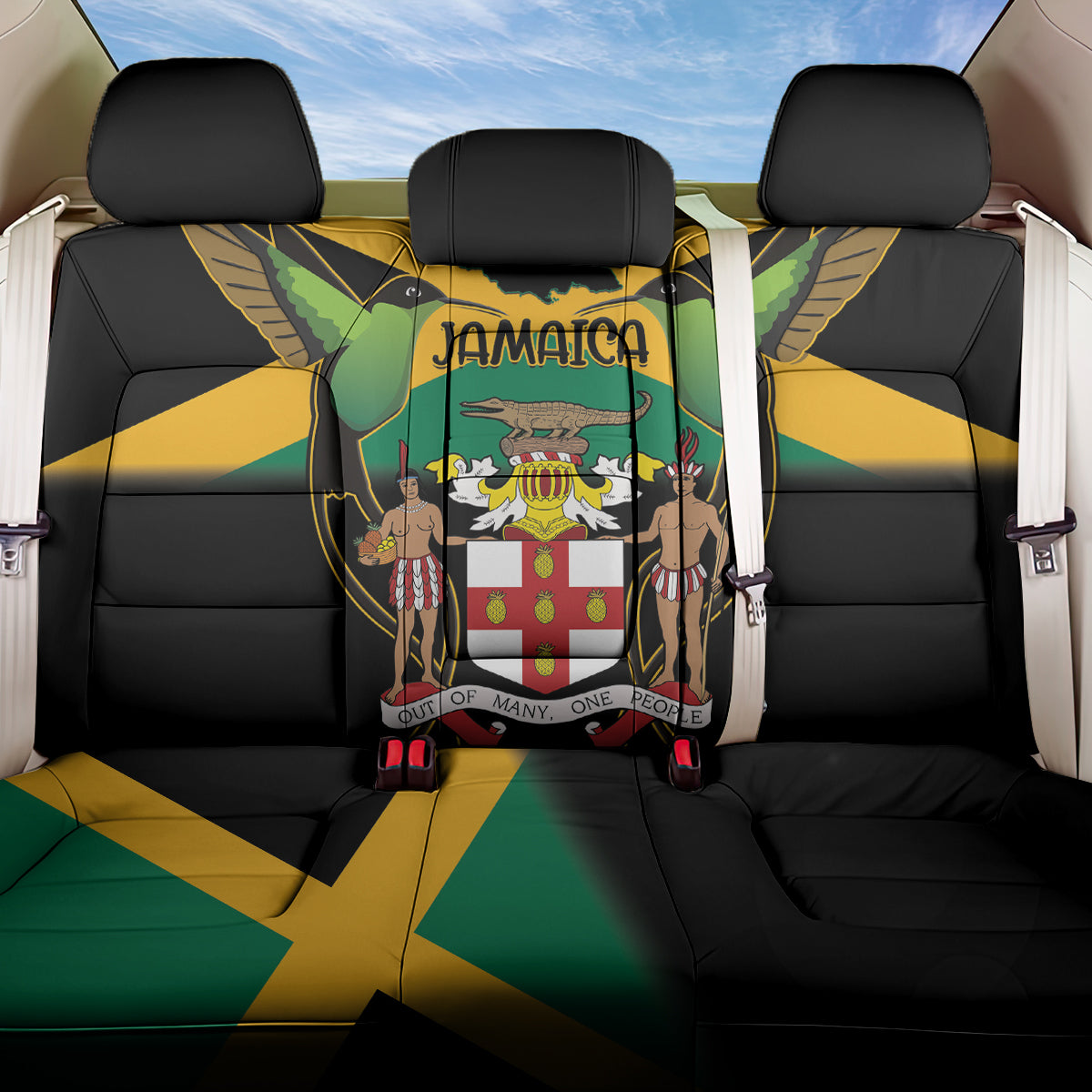 Jamaica Independence Day Back Car Seat Cover Jumieka Coat Of Arms Mix Hummingbird - Wonder Print Shop