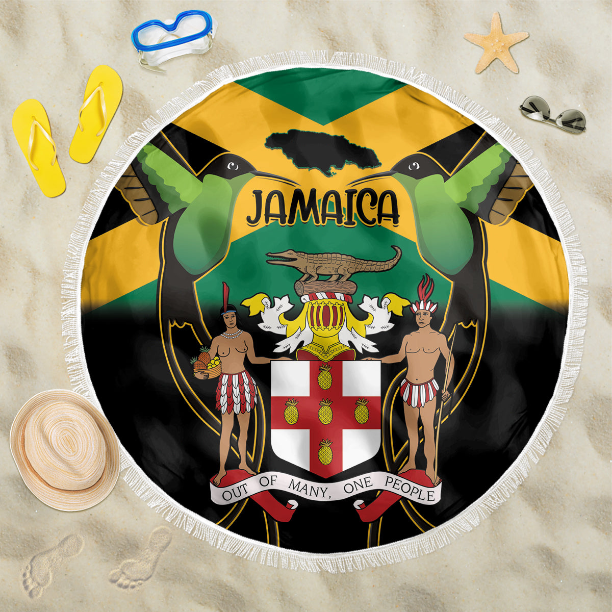 Jamaica Independence Day Beach Blanket Jumieka Coat Of Arms Mix Hummingbird - Wonder Print Shop