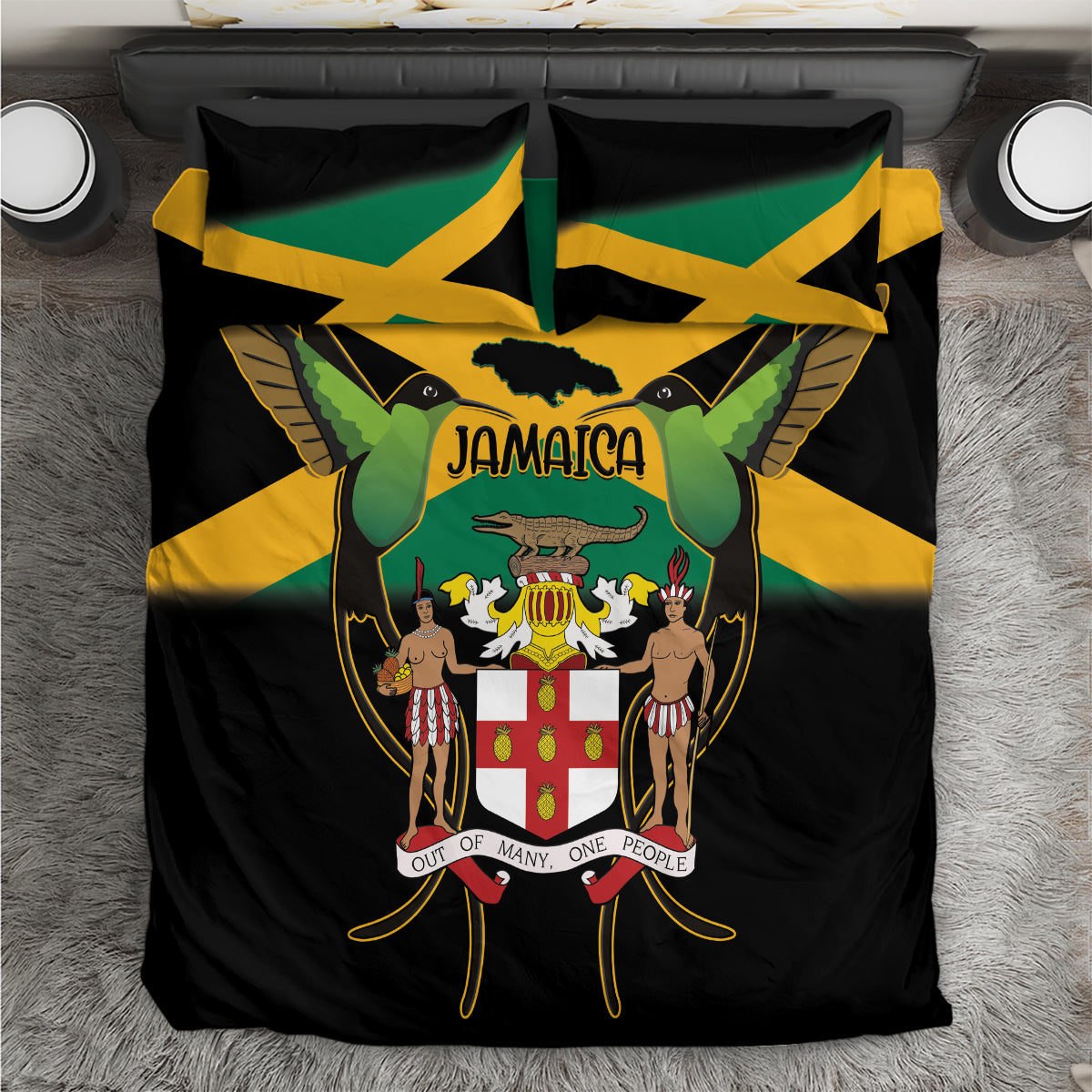 Jamaica Independence Day Bedding Set Jumieka Coat Of Arms Mix Hummingbird - Wonder Print Shop