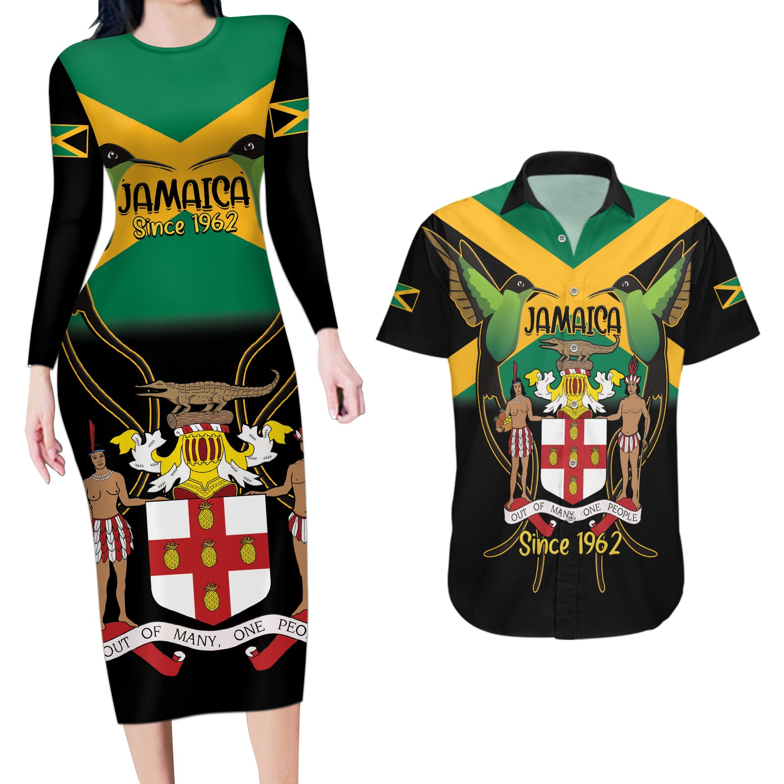 Jamaica Independence Day Couples Matching Long Sleeve Bodycon Dress and Hawaiian Shirt Jumieka Coat Of Arms Mix Hummingbird