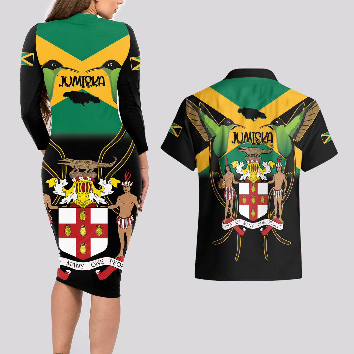 Jamaica Independence Day Couples Matching Long Sleeve Bodycon Dress and Hawaiian Shirt Jumieka Coat Of Arms Mix Hummingbird - Wonder Print Shop