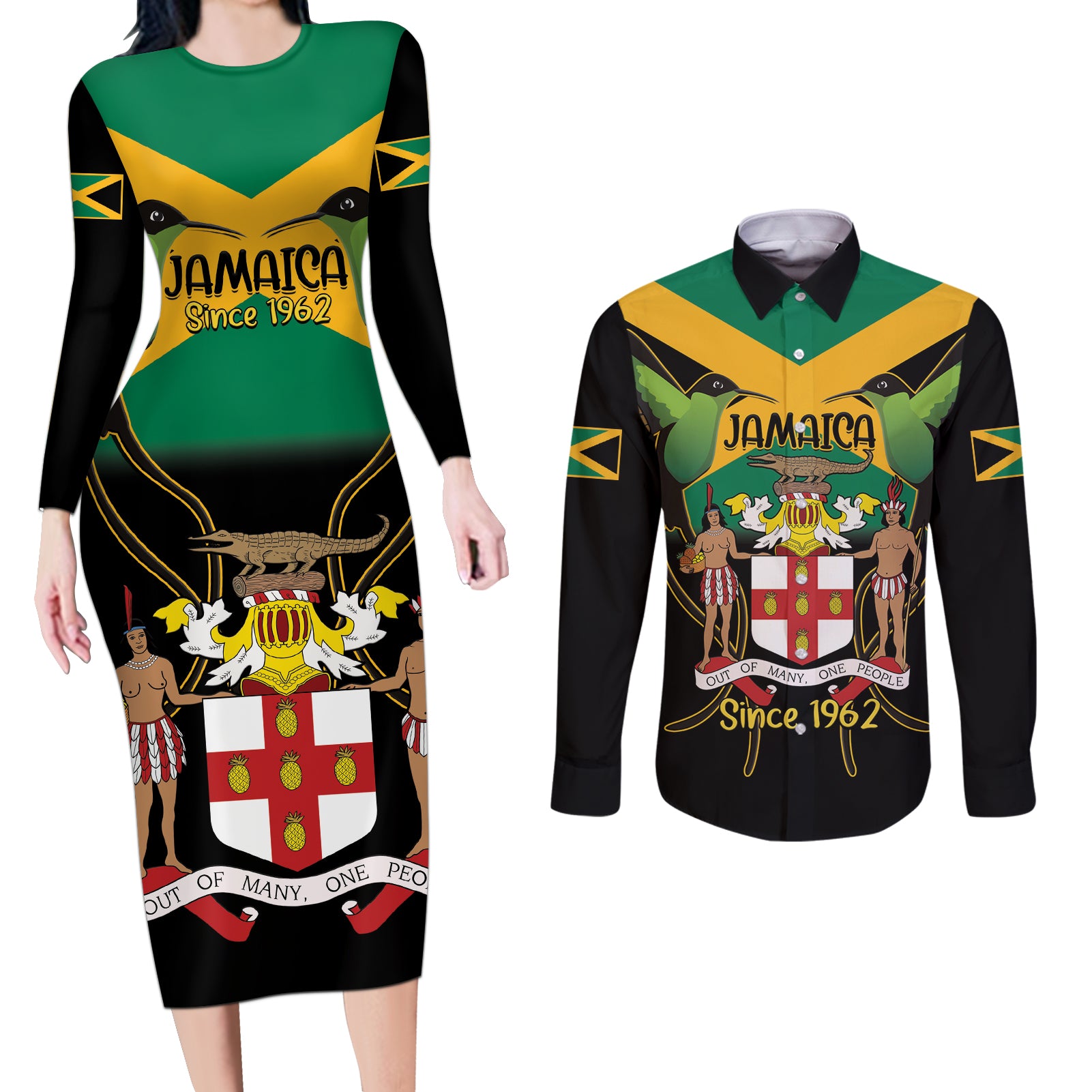 Jamaica Independence Day Couples Matching Long Sleeve Bodycon Dress and Long Sleeve Button Shirt Jumieka Coat Of Arms Mix Hummingbird