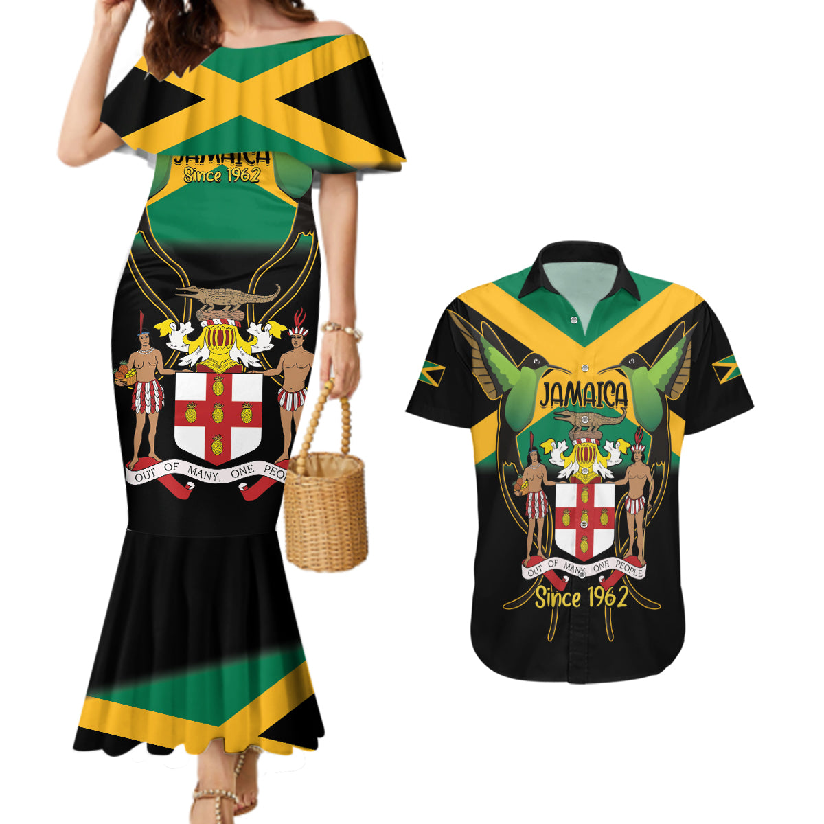 Jamaica Independence Day Couples Matching Mermaid Dress and Hawaiian Shirt Jumieka Coat Of Arms Mix Hummingbird - Wonder Print Shop