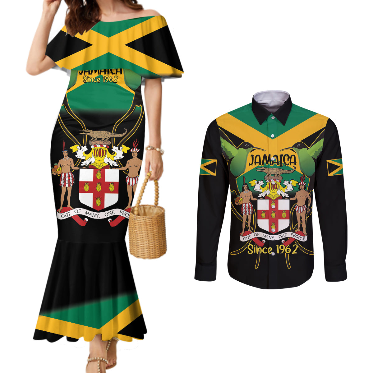 Jamaica Independence Day Couples Matching Mermaid Dress and Long Sleeve Button Shirt Jumieka Coat Of Arms Mix Hummingbird