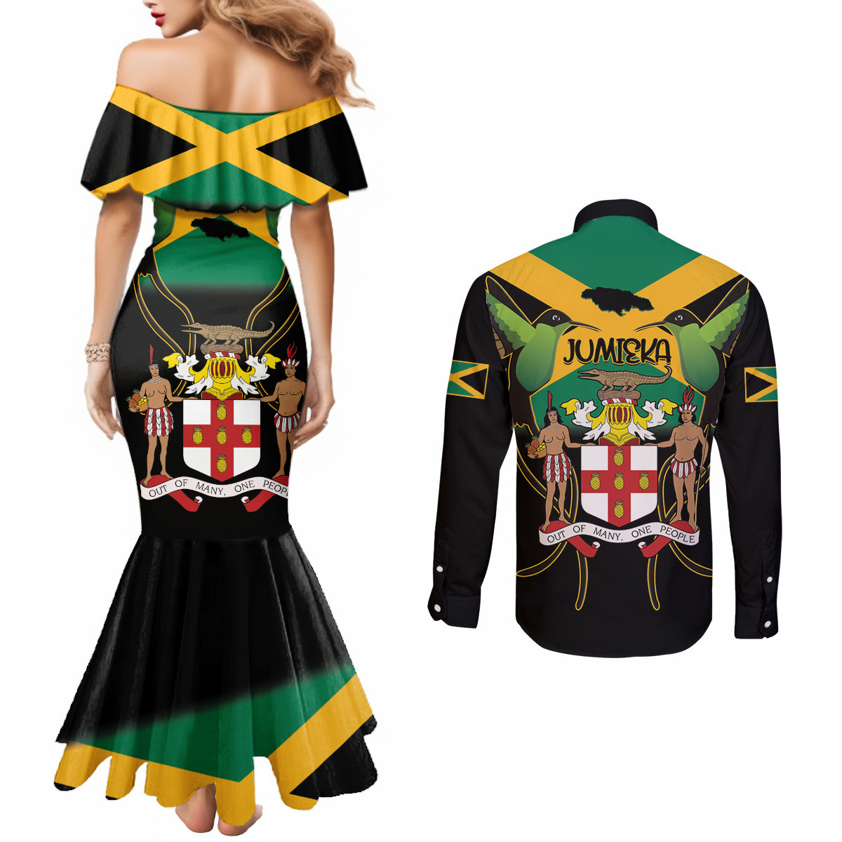 Jamaica Independence Day Couples Matching Mermaid Dress and Long Sleeve Button Shirt Jumieka Coat Of Arms Mix Hummingbird