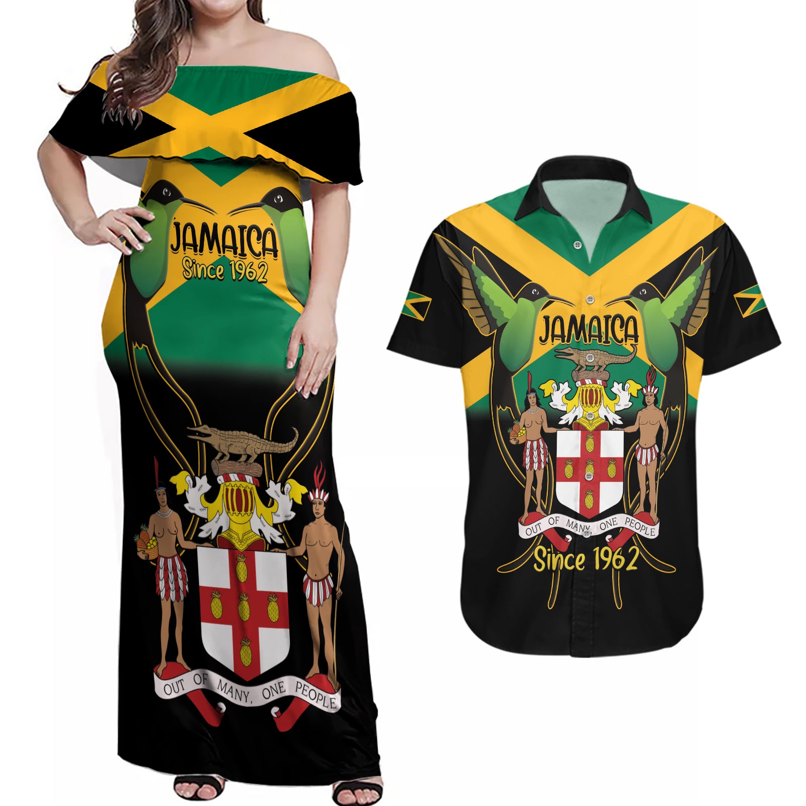 Jamaica Independence Day Couples Matching Off Shoulder Maxi Dress and Hawaiian Shirt Jumieka Coat Of Arms Mix Hummingbird
