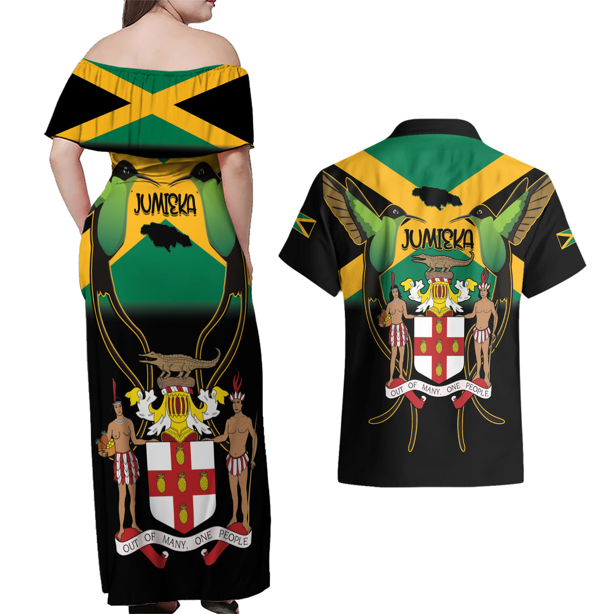 Jamaica Independence Day Couples Matching Off Shoulder Maxi Dress and Hawaiian Shirt Jumieka Coat Of Arms Mix Hummingbird - Wonder Print Shop